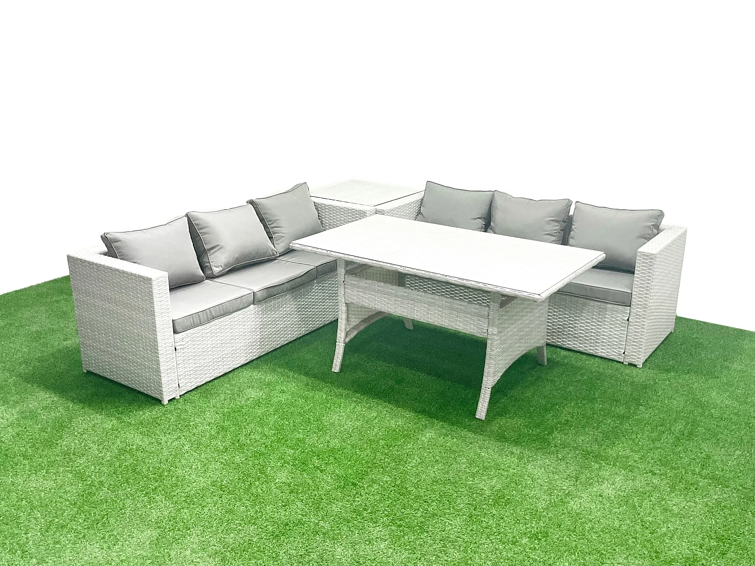 Rattan Gartenmöbel-Set 6 Sitzer mit Esstisch Beistelltisch Hellgrau gemischt