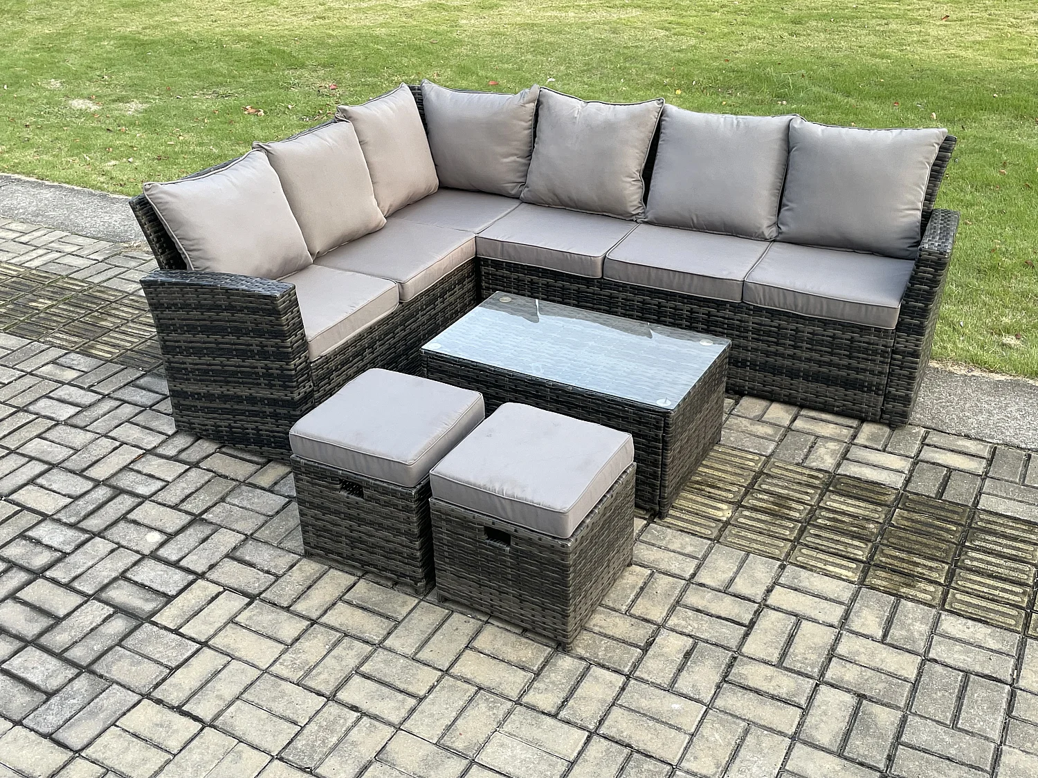 8 Sitzer Gartenlounge Set Rattan Ecksofa Set mit Rechteckiger Couchtisch 2 kleine Fußhockern Dunkelgrau gemischt