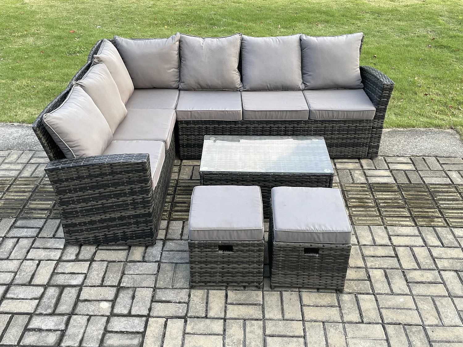 8 Sitzer Gartenlounge Set Rattan Ecksofa Set mit Rechteckiger Couchtisch 2 kleine Fußhockern Dunkelgrau gemischt