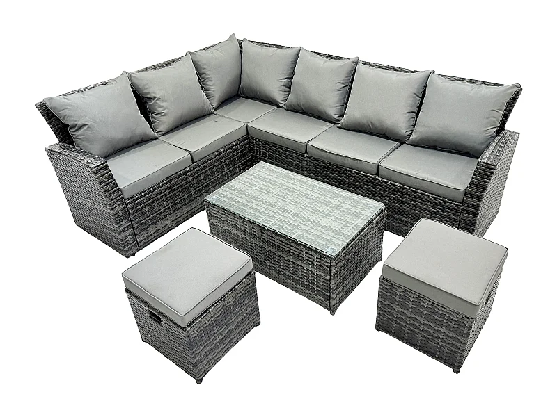 8 Sitzer Gartenlounge Set Rattan Ecksofa Set mit Rechteckiger Couchtisch 2 kleine Fußhockern Dunkelgrau gemischt