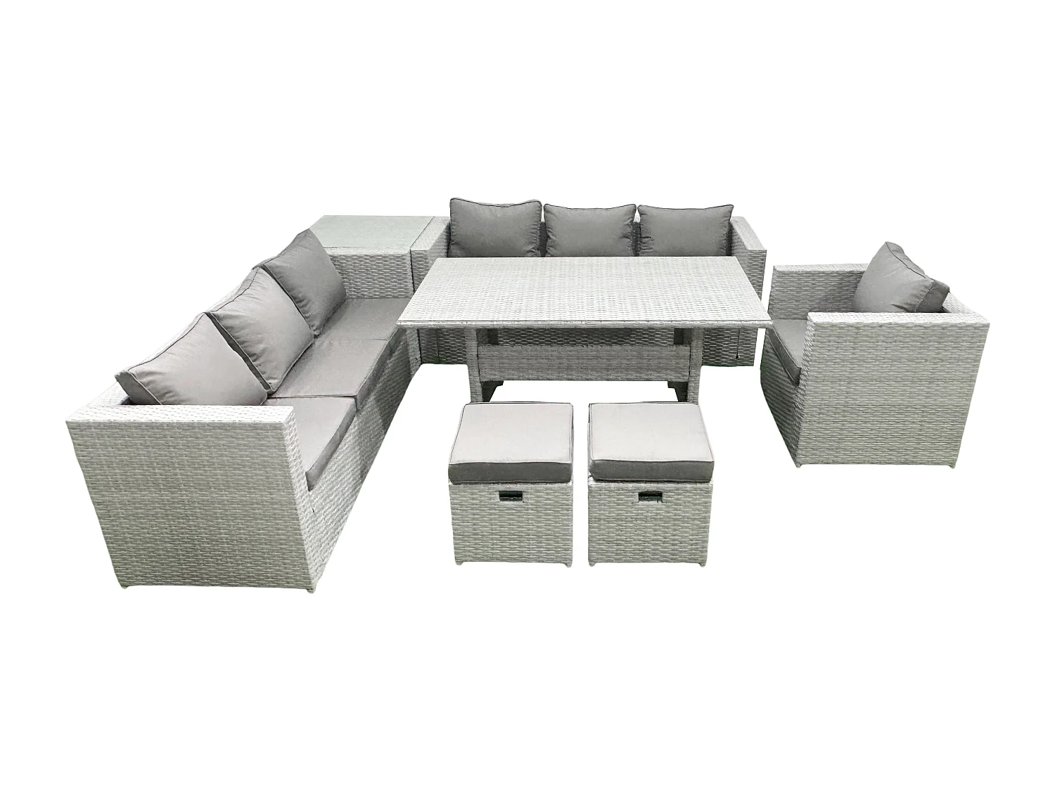 Fimous 7 Pieces Outdoor Rattan Sofa Set with Cushions Patio Garden Furniture Sets with Armchair Dining Table Side Table 2 Small Footstools