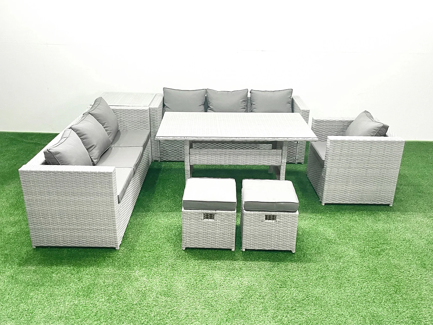 Fimous 7 Pieces Outdoor Rattan Sofa Set with Cushions Patio Garden Furniture Sets with Armchair Dining Table Side Table 2 Small Footstools