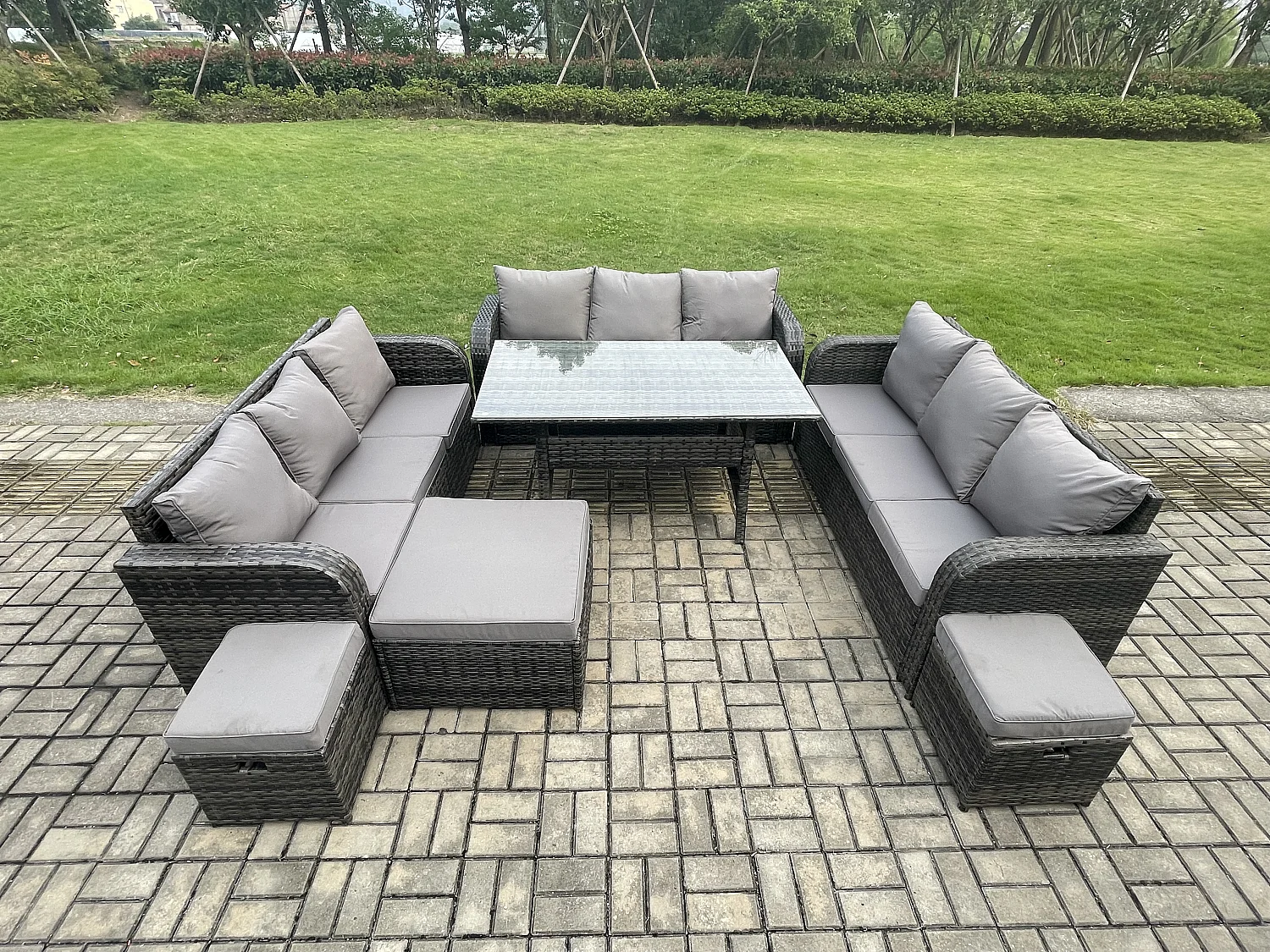 Terrassen Rattan Gartenmöbel-Set mit Langer rechteckiger Esstisch 3 Fußhockern 12 Sitzer Outdoor Garten Sofa Set Dunkelgrau gemischt