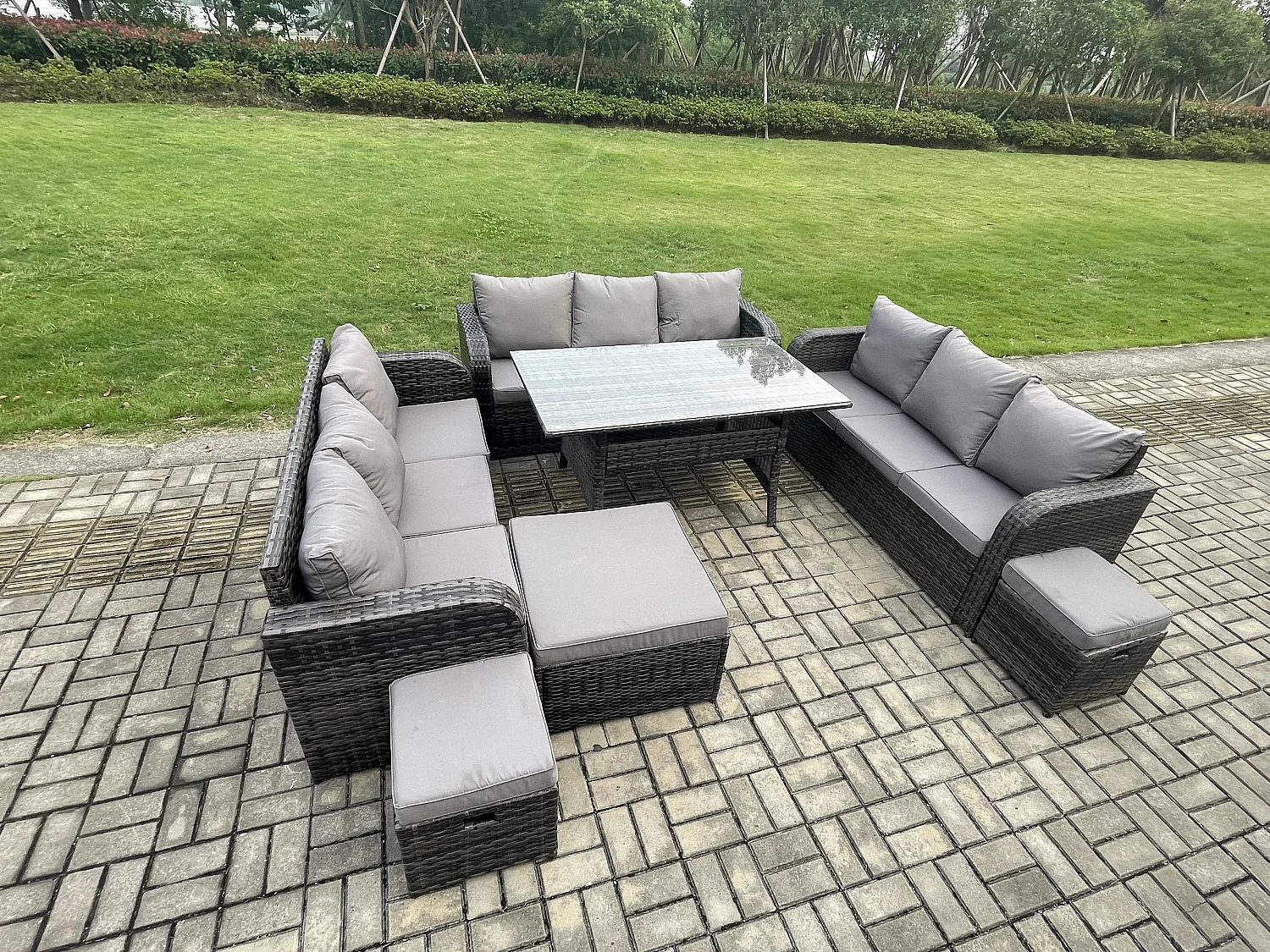 Terrassen Rattan Gartenmöbel-Set mit Langer rechteckiger Esstisch 3 Fußhockern 12 Sitzer Outdoor Garten Sofa Set Dunkelgrau gemischt
