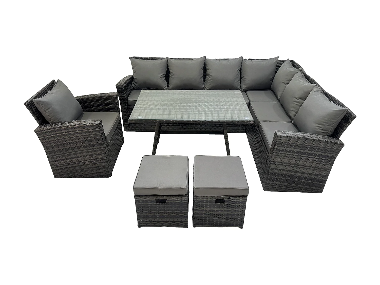 Fimous Outdoor Furniture Garden Dining Set Rattan Corner Sofa Chair Set Rectangular Dining Table with Temper Glass Footstools Dark Grey Mixed