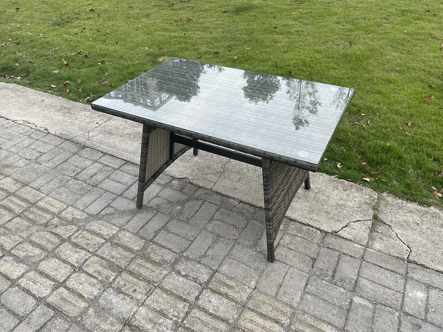 Fimous Outdoor Furniture Garden Dining Set Rattan Corner Sofa Chair Set Rectangular Dining Table with Temper Glass Footstools Dark Grey Mixed