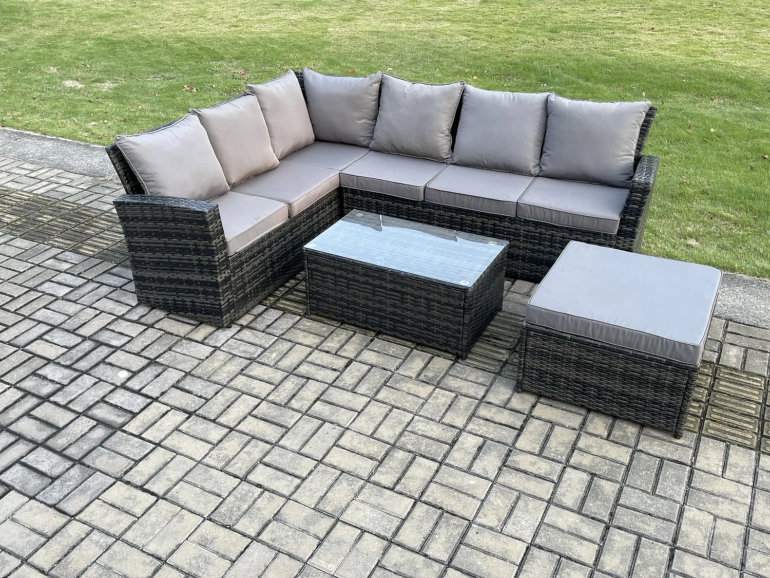 7 Sitzer Gartenlounge Set Rattan Ecksofa Set mit Rechteckiger Couchtisch Großer Fußhocker Dunkelgrau gemischt