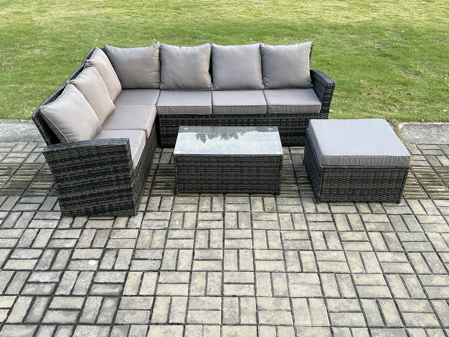 7 Sitzer Gartenlounge Set Rattan Ecksofa Set mit Rechteckiger Couchtisch Großer Fußhocker Dunkelgrau gemischt