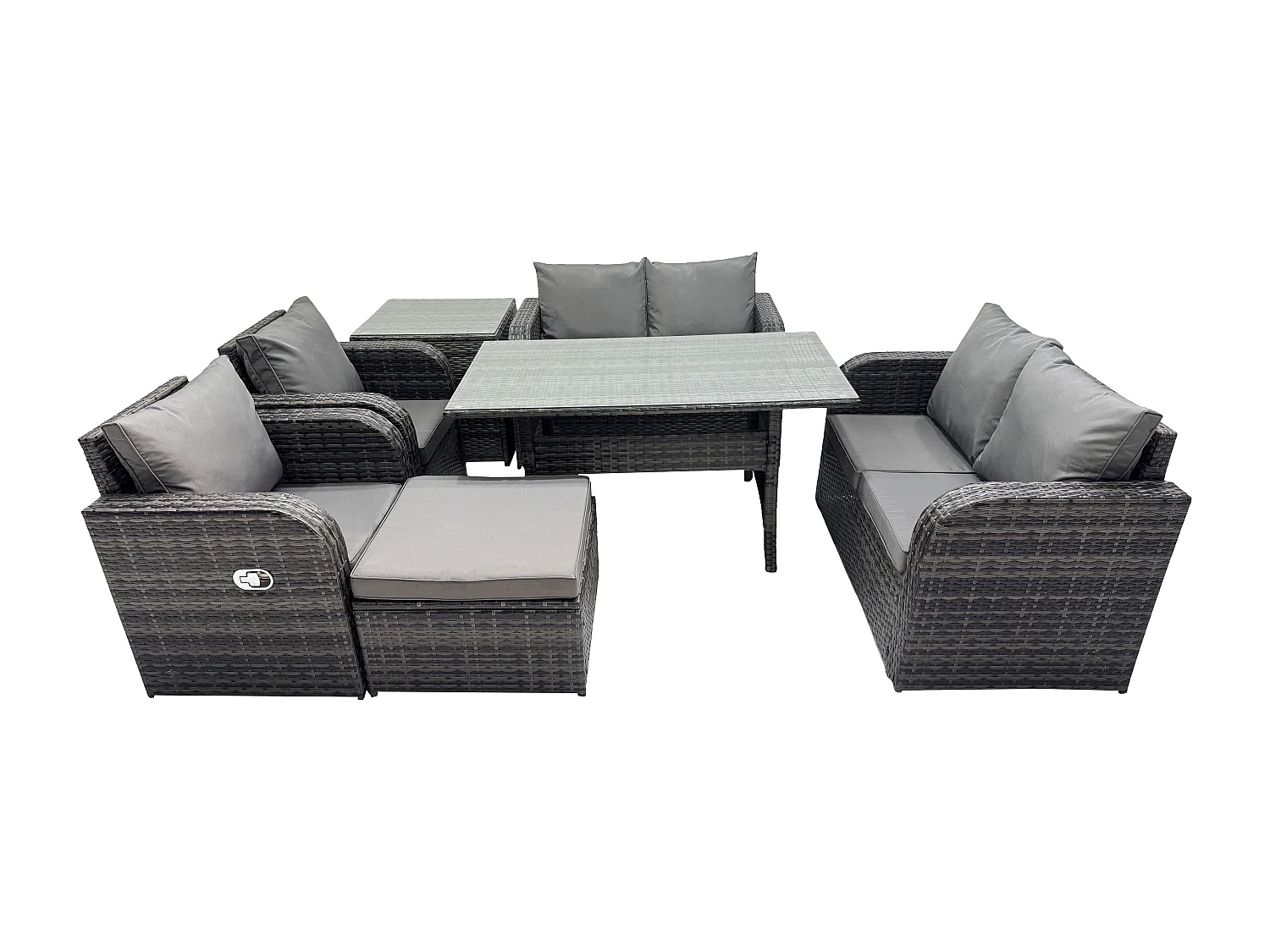 Fimous Rattan Outdoor Furniture Garden Dining Set Rectangular Table and Chair Sofa Set With Side Table Big Footstool Dark Grey Mixed