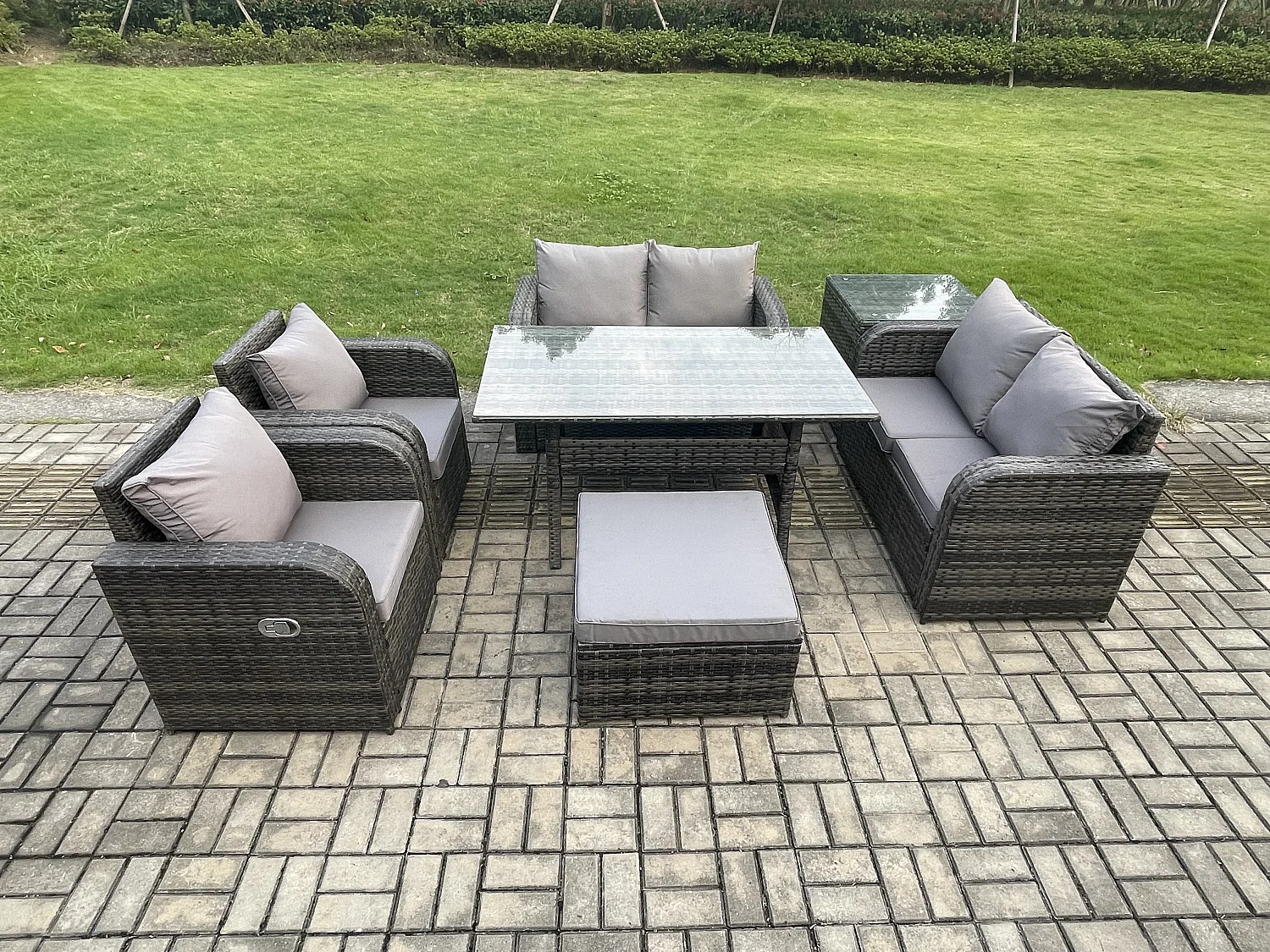 Fimous Rattan Outdoor Furniture Garden Dining Set Rectangular Table and Chair Sofa Set With Side Table Big Footstool Dark Grey Mixed