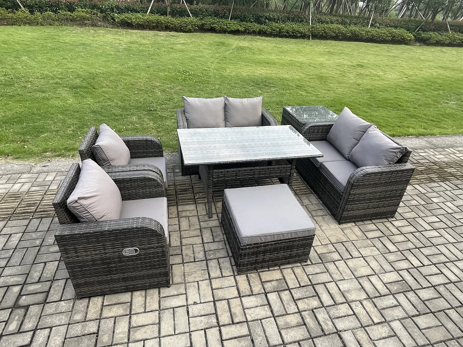 Fimous Rattan Outdoor Furniture Garden Dining Set Rectangular Table and Chair Sofa Set With Side Table Big Footstool Dark Grey Mixed