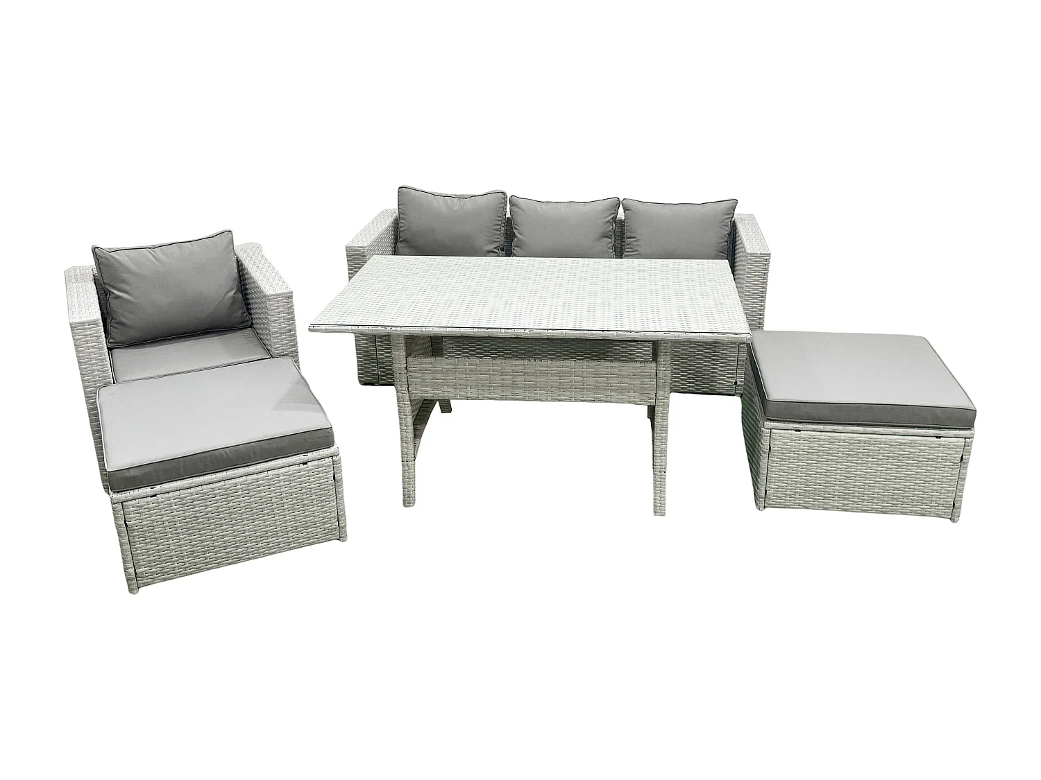 Polyrattan Gartenmöbel-Set Outdoor 6 Sitzer mit Glasplatte Esstisch Hellgrau gemischt