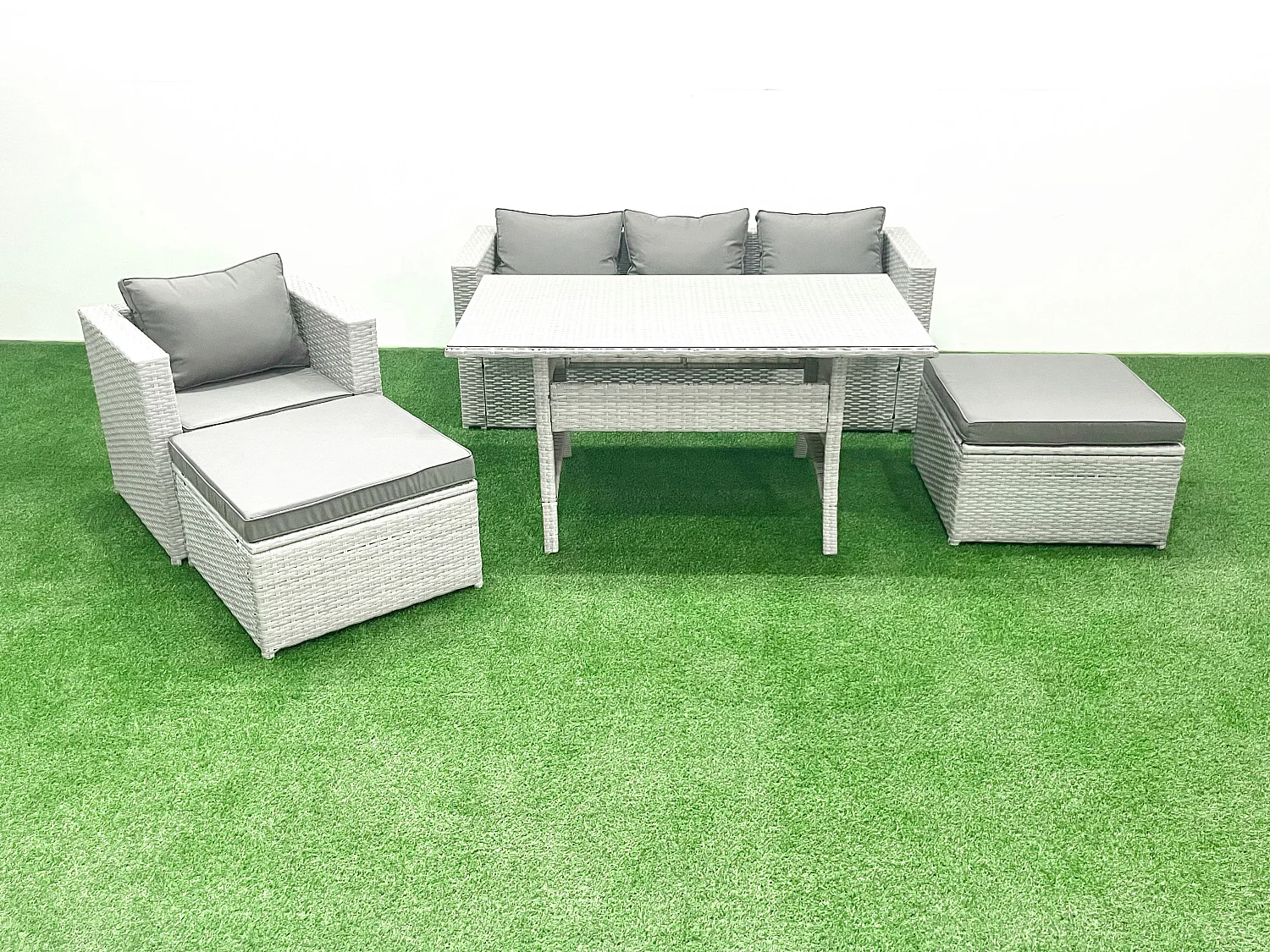 Polyrattan Gartenmöbel-Set Outdoor 6 Sitzer mit Glasplatte Esstisch Hellgrau gemischt