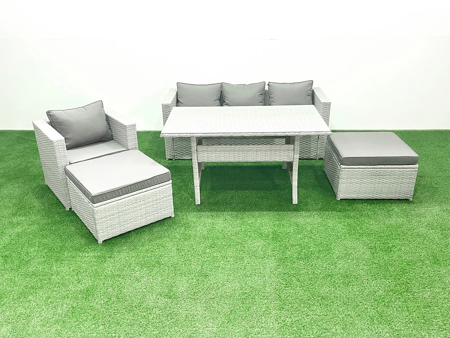 Polyrattan Gartenmöbel-Set Outdoor 6 Sitzer mit Glasplatte Esstisch Hellgrau gemischt