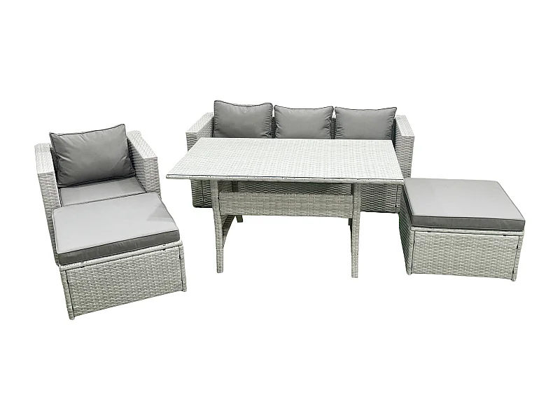 Polyrattan Gartenmöbel-Set Outdoor 6 Sitzer mit Glasplatte Esstisch Hellgrau gemischt