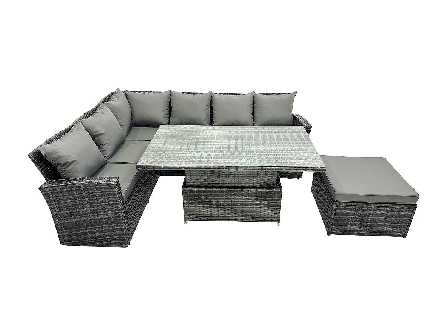 Fimous 7 Seater Outdoor Rattan High Back Adjustable Rising Lifting Dining Table Corner Sofa Set Garden Furniture Dark Grey Mixed Left Hand