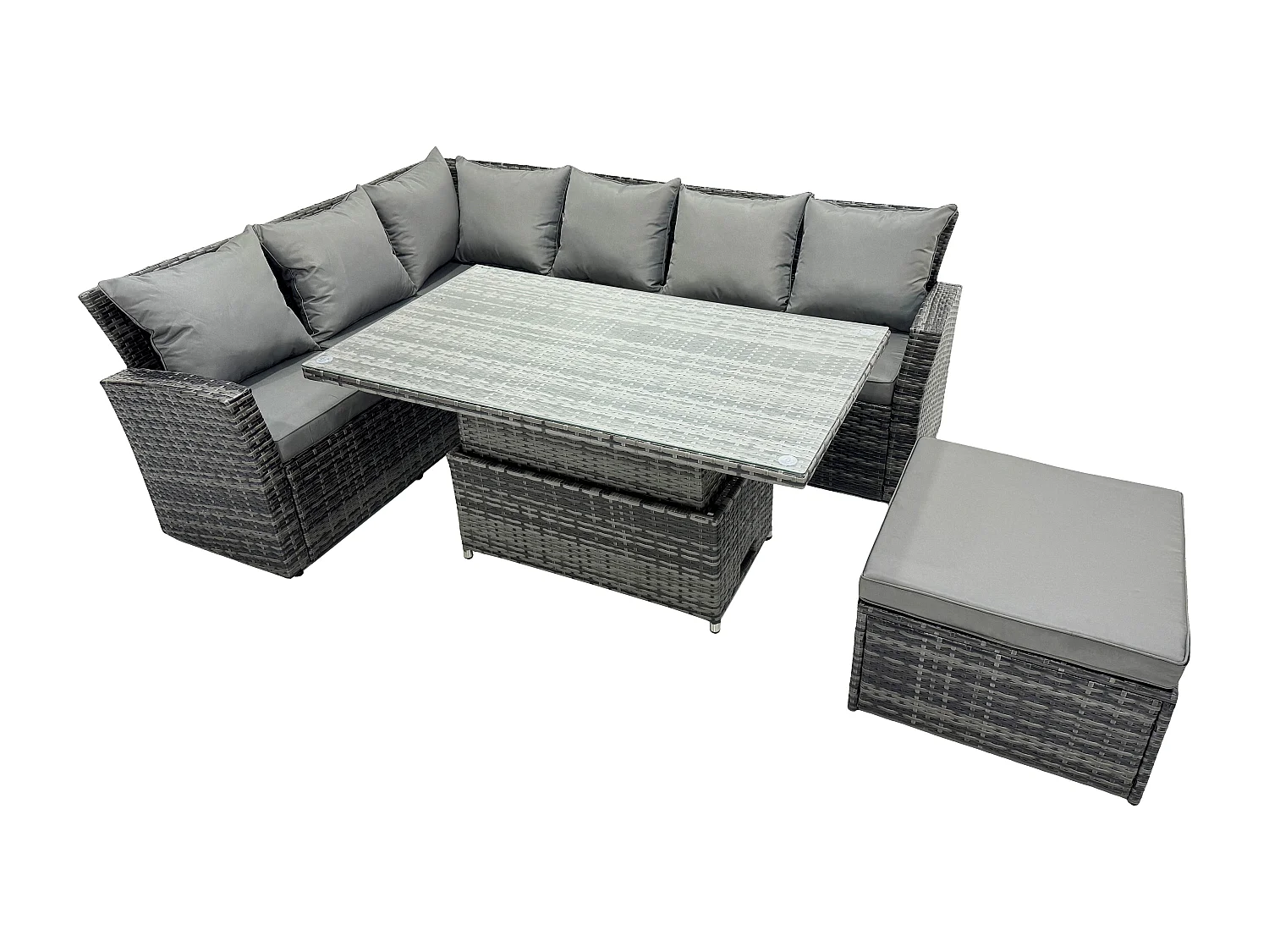 Fimous 7 Seater Outdoor Rattan High Back Adjustable Rising Lifting Dining Table Corner Sofa Set Garden Furniture Dark Grey Mixed Left Hand