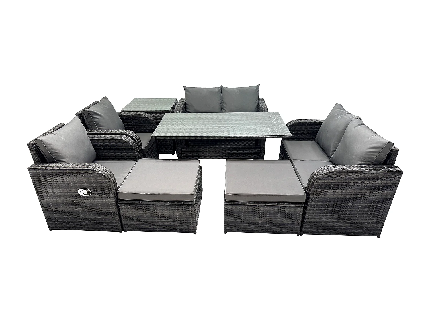 Fimous Outdoor Rattan Garden Furniture 8 piece Grey Patio Furniture Set 8 Seater Lounge Sofa Set with Rectangular Table Reclining Chairs 2 Big Stools Side Table