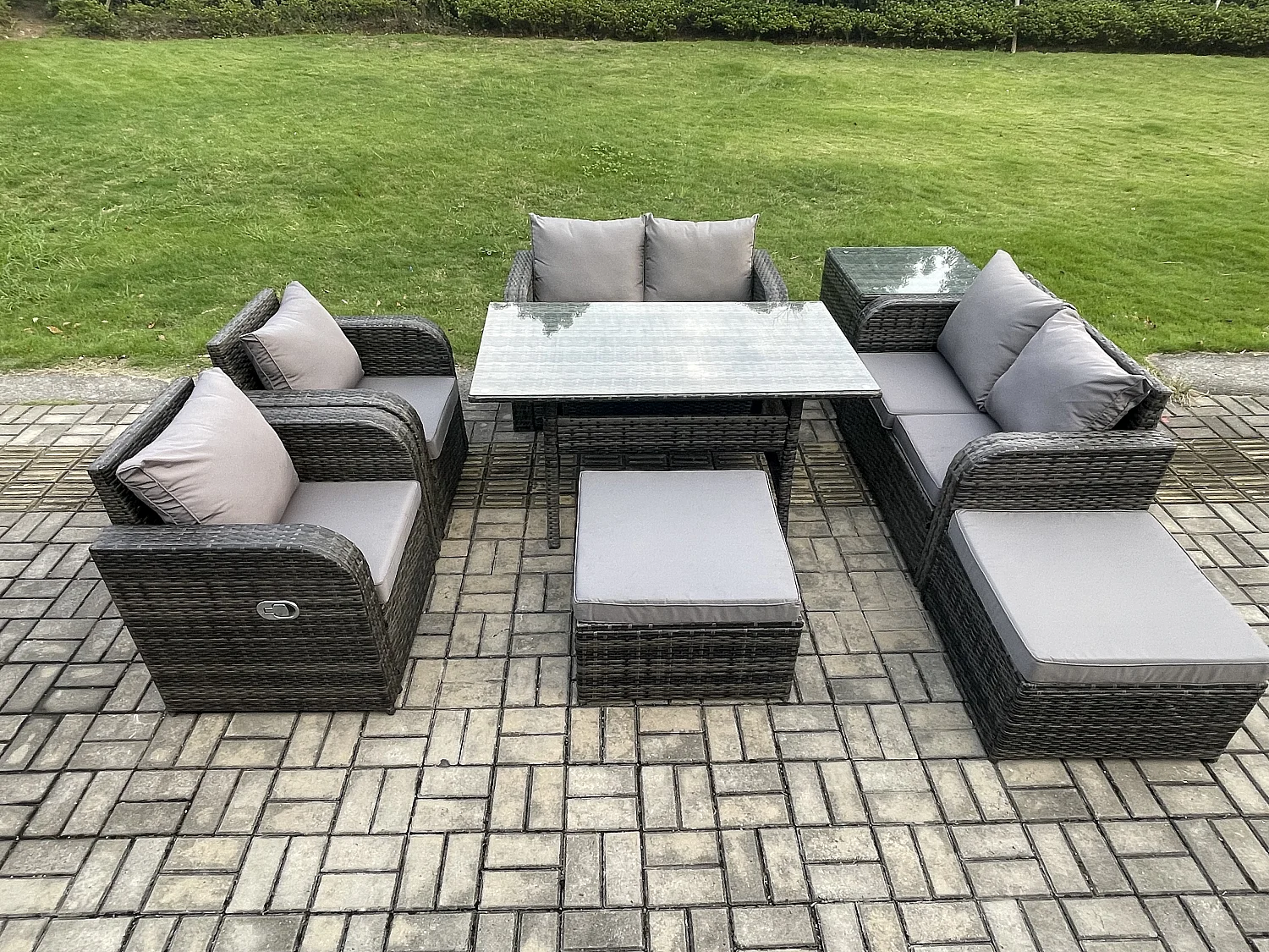 Fimous Outdoor Rattan Garden Furniture 8 piece Grey Patio Furniture Set 8 Seater Lounge Sofa Set with Rectangular Table Reclining Chairs 2 Big Stools Side Table