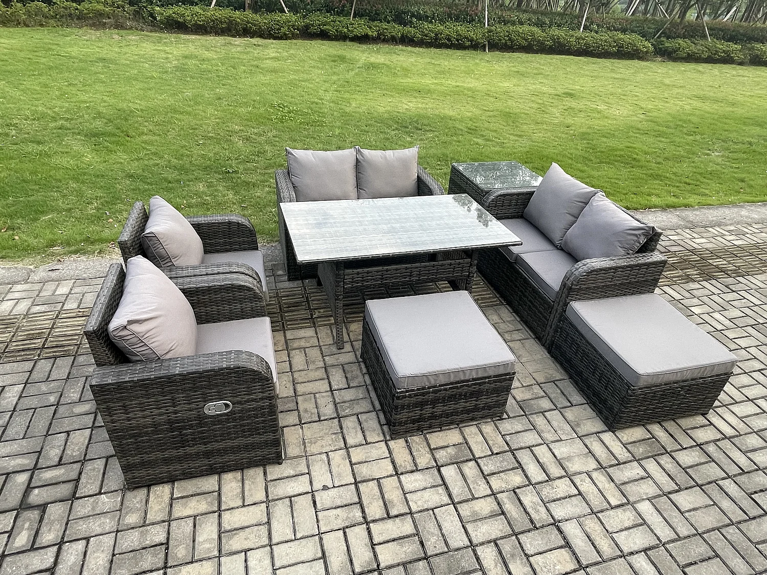 Fimous Outdoor Rattan Garden Furniture 8 piece Grey Patio Furniture Set 8 Seater Lounge Sofa Set with Rectangular Table Reclining Chairs 2 Big Stools Side Table