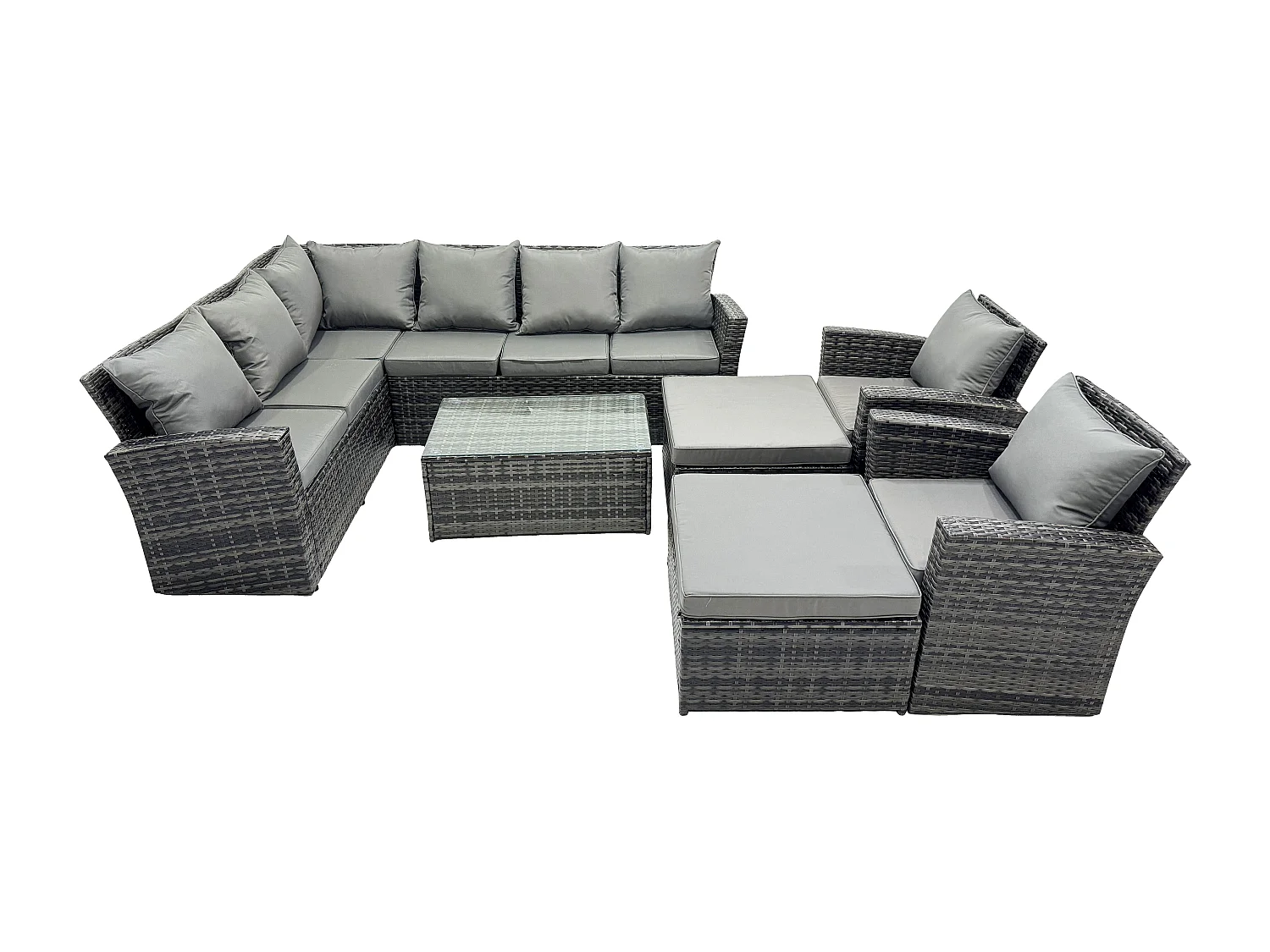 Fimous 10 Seater High Back Outdoor Garden Furniture Set Rattan Corner Sofa Set With Rectangular Coffee Table 2 Big Footstool 2 Armchairs Dark Grey Mixed