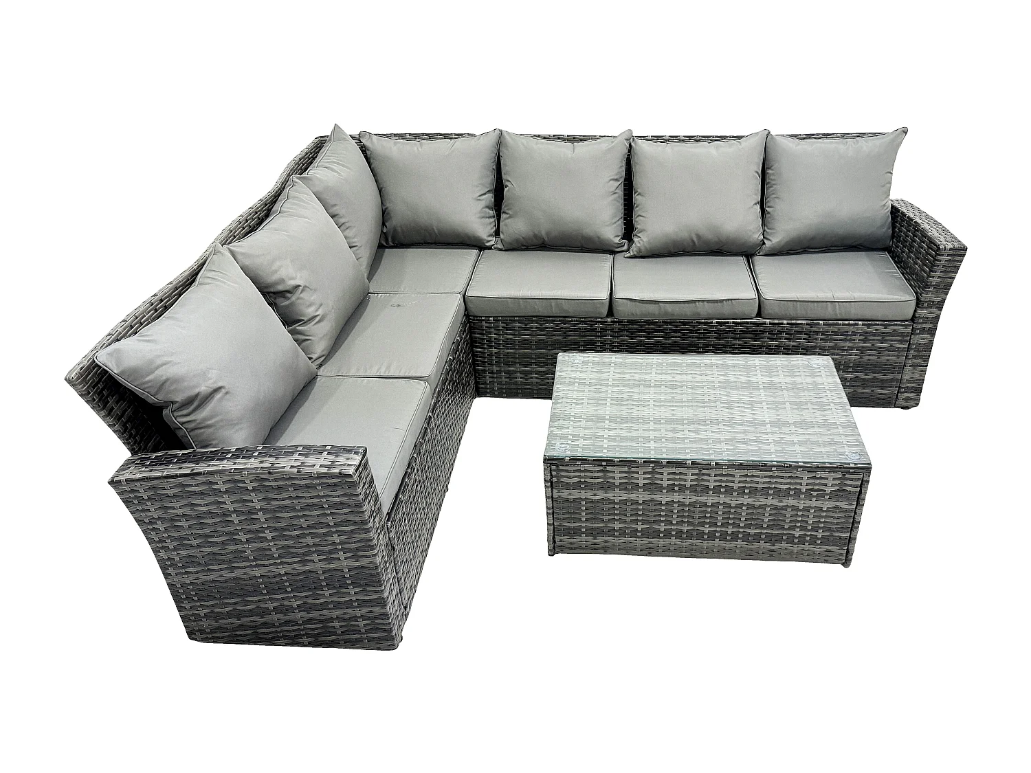 6 Sitzer Hoher Rücken Rattan Gartenmöbel-Set Ecksofa mit Rechteckiger Couchtisch