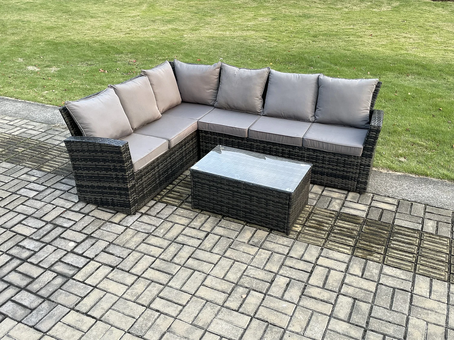 6 Sitzer Hoher Rücken Rattan Gartenmöbel-Set Ecksofa mit Rechteckiger Couchtisch