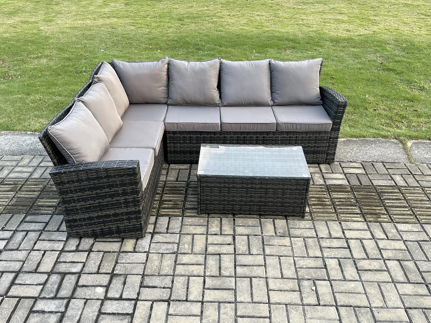 6 Sitzer Hoher Rücken Rattan Gartenmöbel-Set Ecksofa mit Rechteckiger Couchtisch