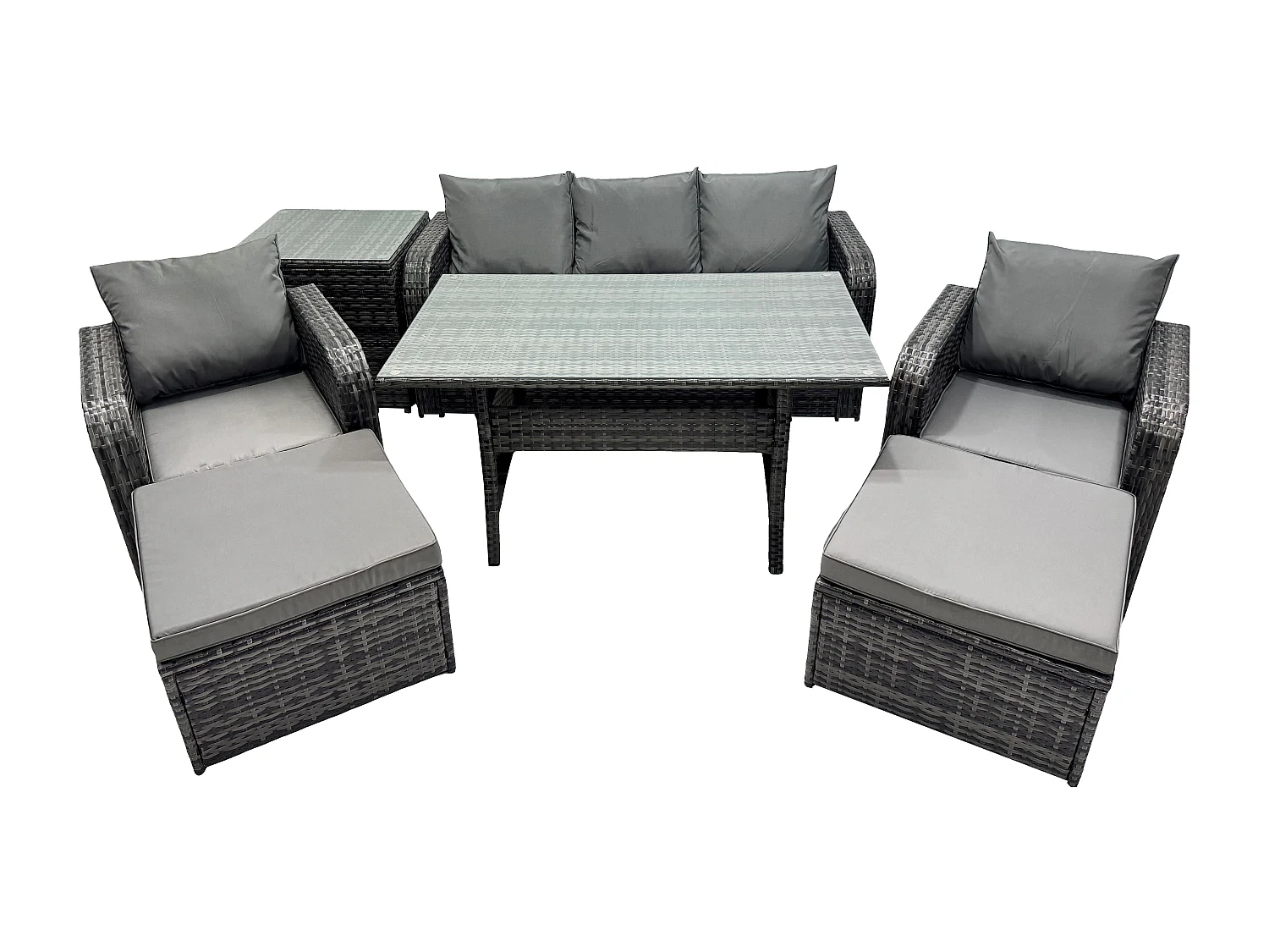 Fimous 7 Seater Rattan Outdoor Garden Furniture Set Rectangular Dining Table and Chair Sofa Set With Side Table 2 Big Footstool Dark Grey Mixed