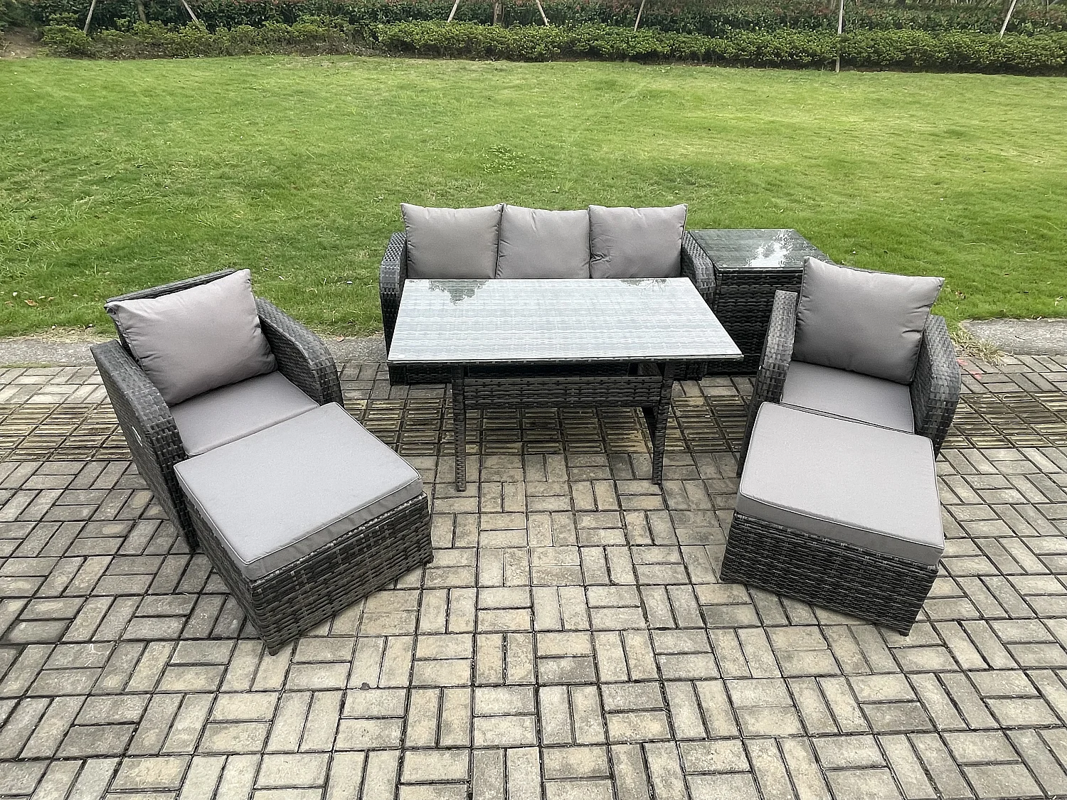 Fimous 7 Seater Rattan Outdoor Garden Furniture Set Rectangular Dining Table and Chair Sofa Set With Side Table 2 Big Footstool Dark Grey Mixed