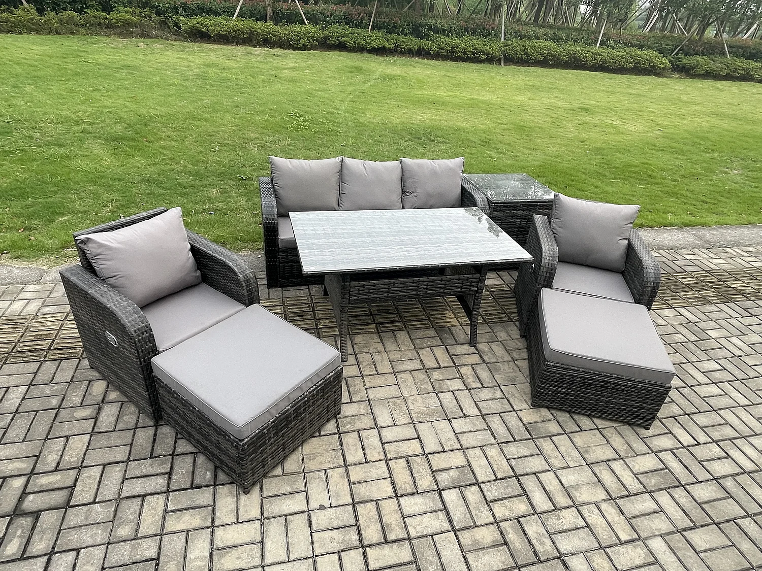 Fimous 7 Seater Rattan Outdoor Garden Furniture Set Rectangular Dining Table and Chair Sofa Set With Side Table 2 Big Footstool Dark Grey Mixed