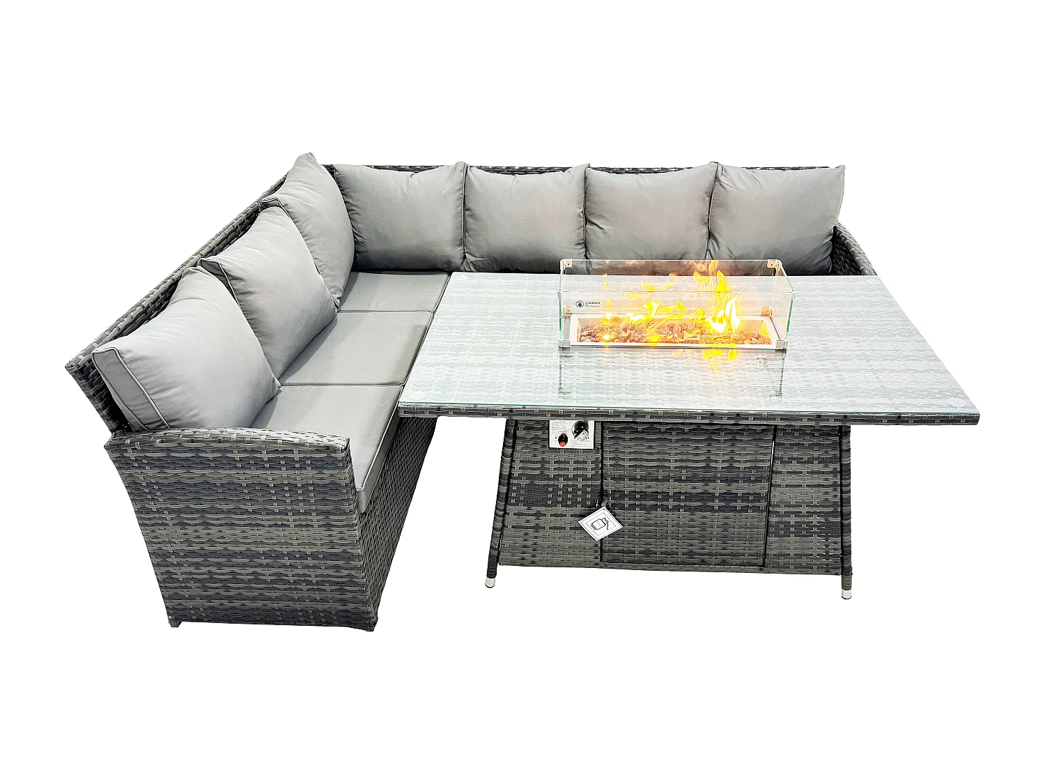 Fimous Rattan Garden Furniture High Back Corner Sofa Gas Fire Pit Dining Table Sets Gas Heater 6 Seater Dark Grey Mixed