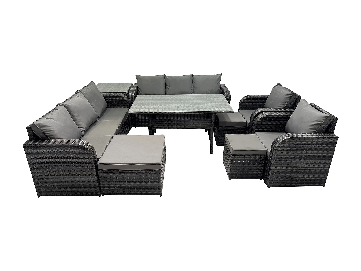 Fimous Outdoor Garden Patio Furniture Wicker Rattan Oblong Rectangular Dining Table and Lounge Sofa set with Adjustable Chair Side Table 3 Footstool