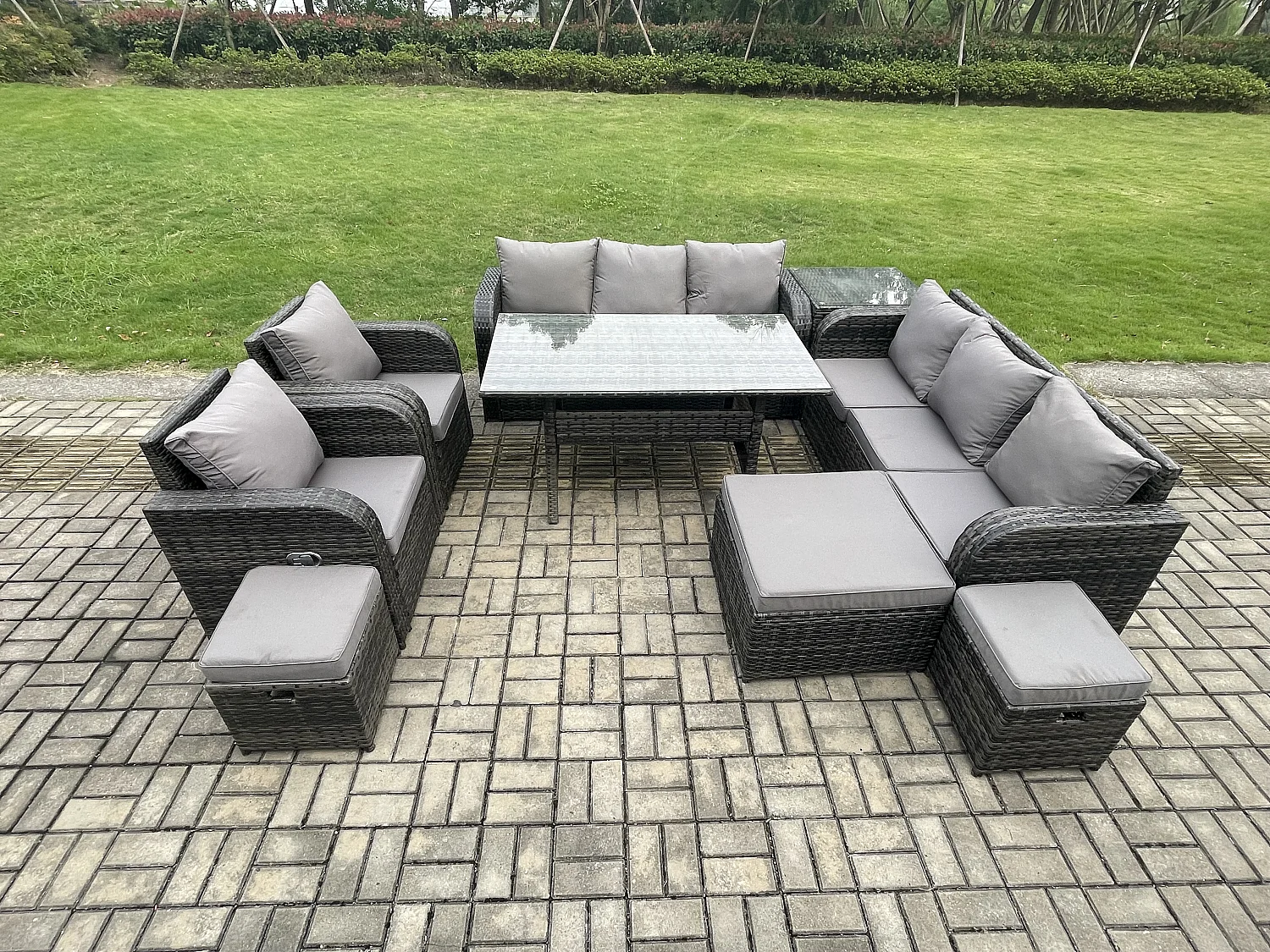 Fimous Outdoor Garden Patio Furniture Wicker Rattan Oblong Rectangular Dining Table and Lounge Sofa set with Adjustable Chair Side Table 3 Footstool