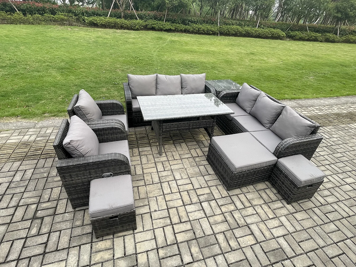 Fimous Outdoor Garden Patio Furniture Wicker Rattan Oblong Rectangular Dining Table and Lounge Sofa set with Adjustable Chair Side Table 3 Footstool