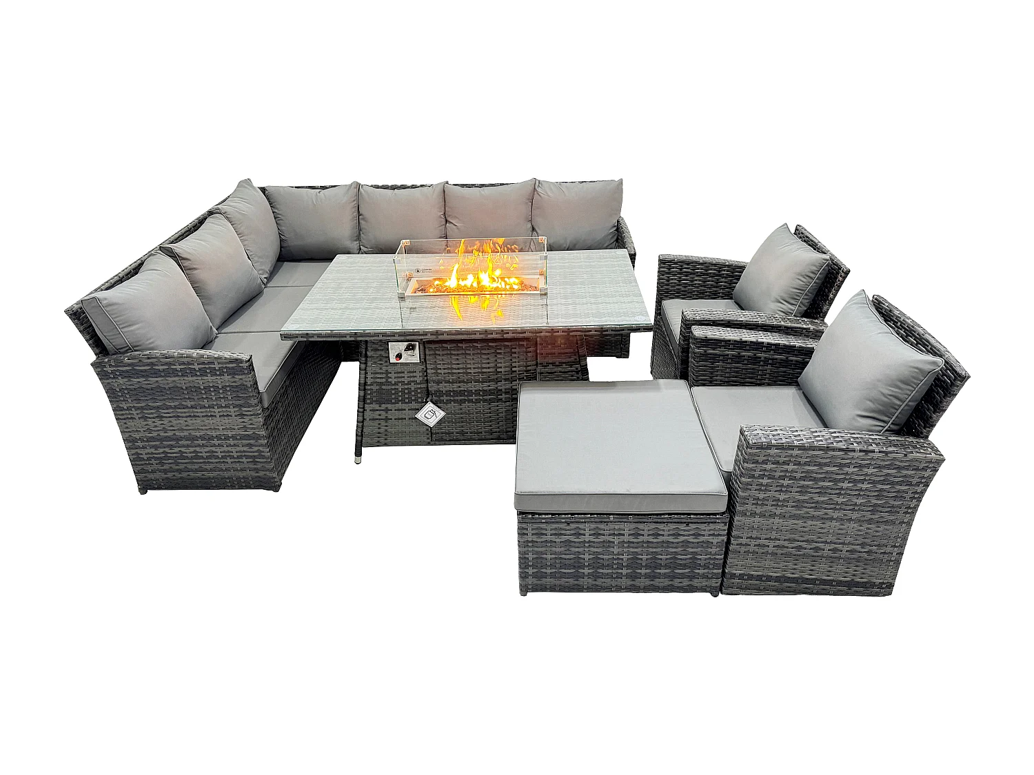 Fimous 9 Seater Outdoor Rattan Garden Furniture Set Corner Sofa Gas Fire Pit Dining Table Sets Gas Heater with Big Footstool 2 Armchair Dark Grey Mixed
