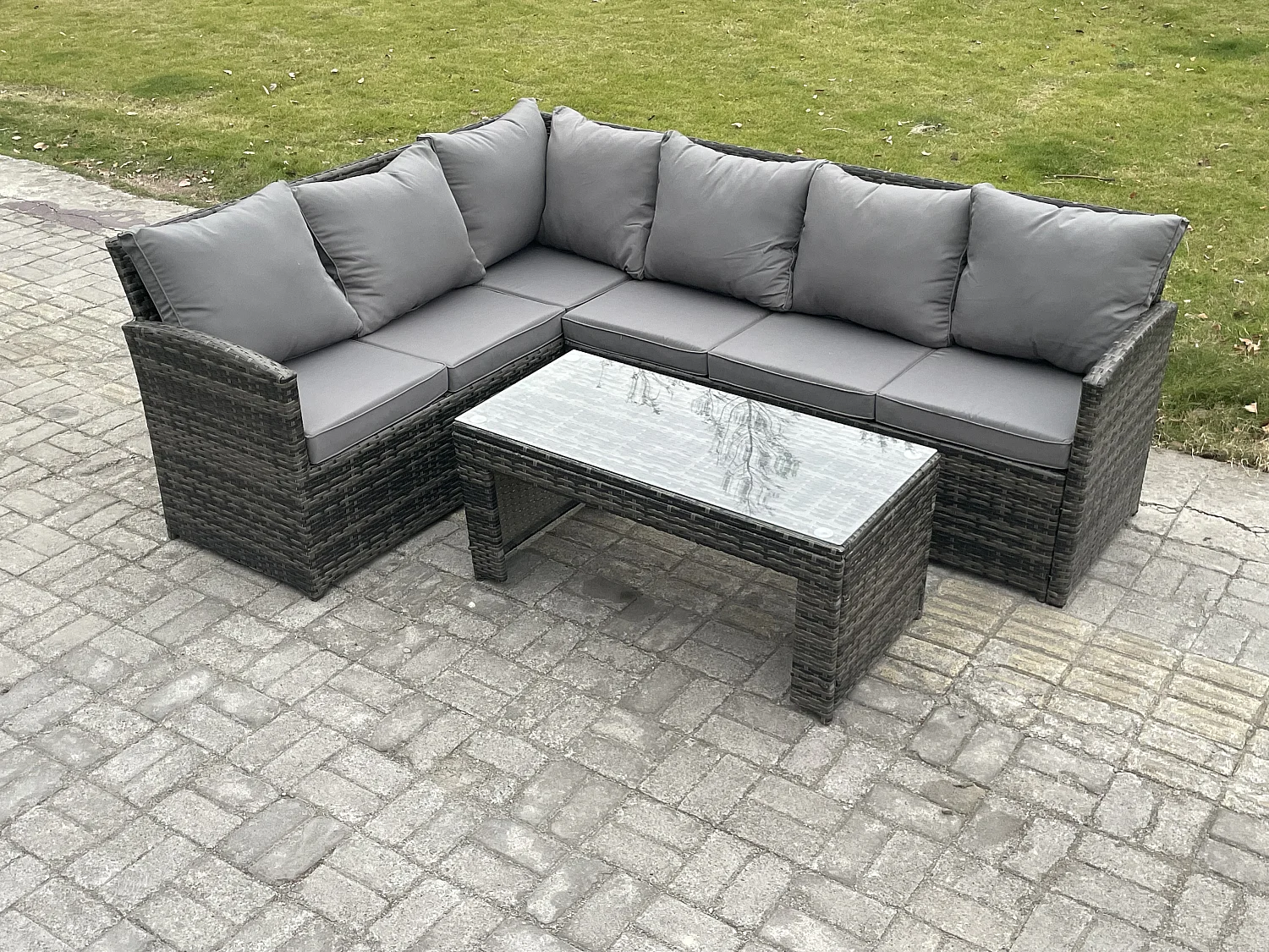 6 Sitzer Outdoor Rattan Gartenmöbel-Set Ecksofa Länger Couchtisch Sets Dunkelgrau gemischt