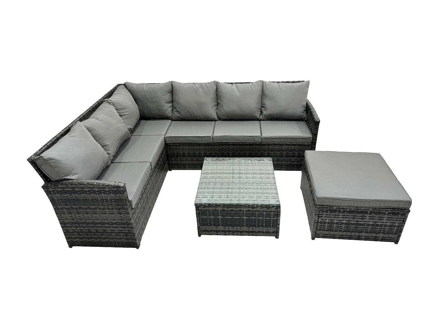 7 Sitzer Rattan Gartenmöbel Set Ecksofa Set aus Polyrattan mit Quadratischer Couchtisch Großer Fußhocker Dunkelgrau gemischt