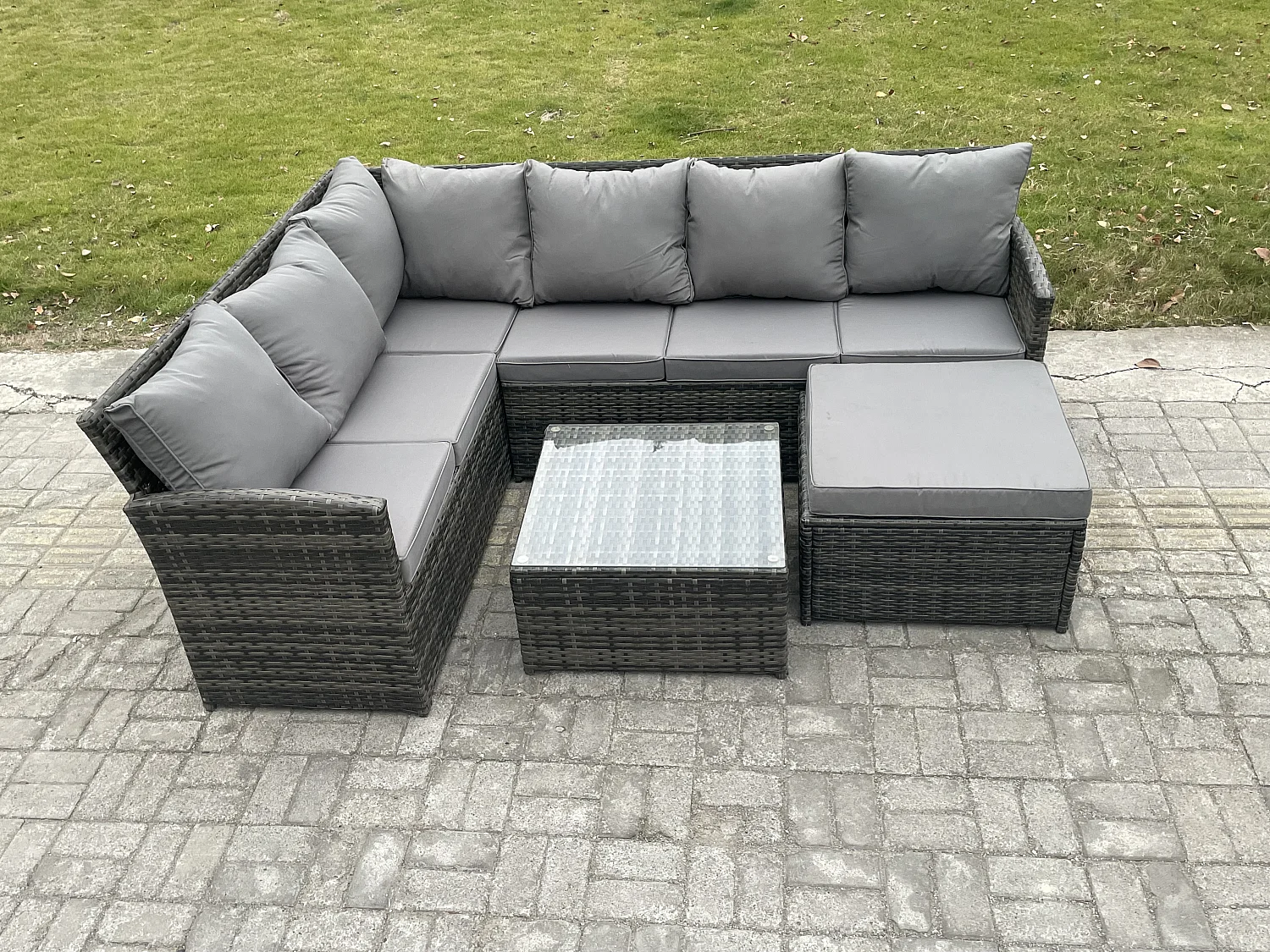 7 Sitzer Rattan Gartenmöbel Set Ecksofa Set aus Polyrattan mit Quadratischer Couchtisch Großer Fußhocker Dunkelgrau gemischt