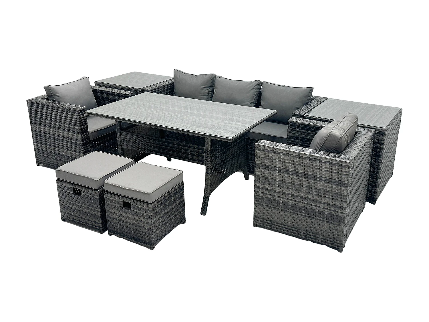 Fimous Outdoor Garden Furniture Set Patio Rattan Rectangular Dining Table Lounge Sofa Chair with 2 Side Table 2 Small Stools Dark Grey Mixed