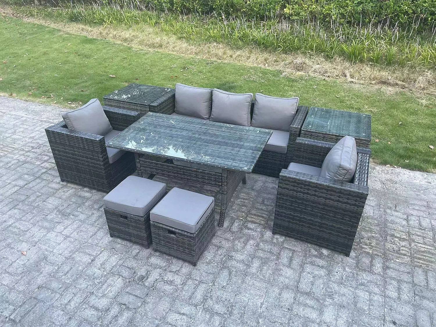 Fimous Outdoor Garden Furniture Set Patio Rattan Rectangular Dining Table Lounge Sofa Chair with 2 Side Table 2 Small Stools Dark Grey Mixed