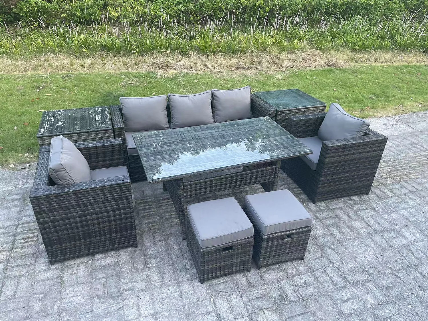 Fimous Outdoor Garden Furniture Set Patio Rattan Rectangular Dining Table Lounge Sofa Chair with 2 Side Table 2 Small Stools Dark Grey Mixed
