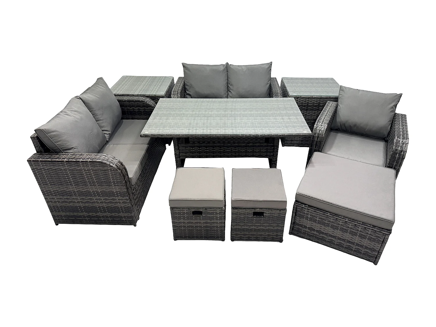 Fimous Lounge Rattan Sofa Set Outdoor Garden Furniture Oblong Rectangular Dining Table With Chairs 3 Footstools 2 Side Tables 8 Seater Dark Grey Mixed