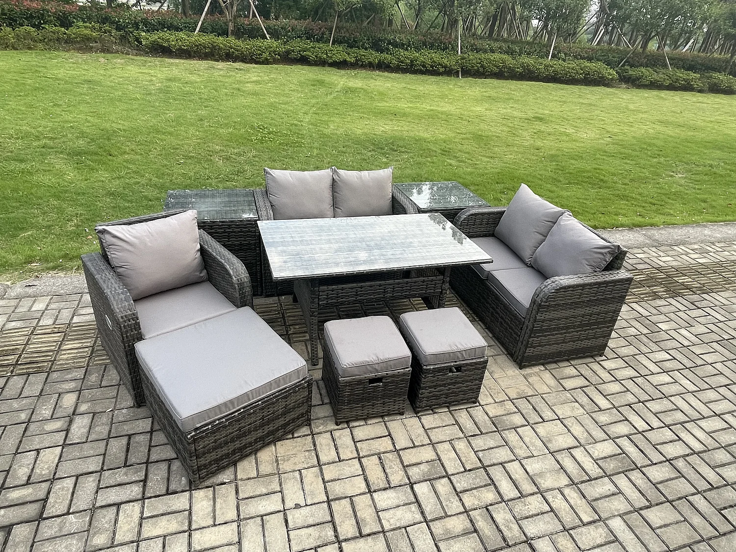 Fimous Lounge Rattan Sofa Set Outdoor Garden Furniture Oblong Rectangular Dining Table With Chairs 3 Footstools 2 Side Tables 8 Seater Dark Grey Mixed