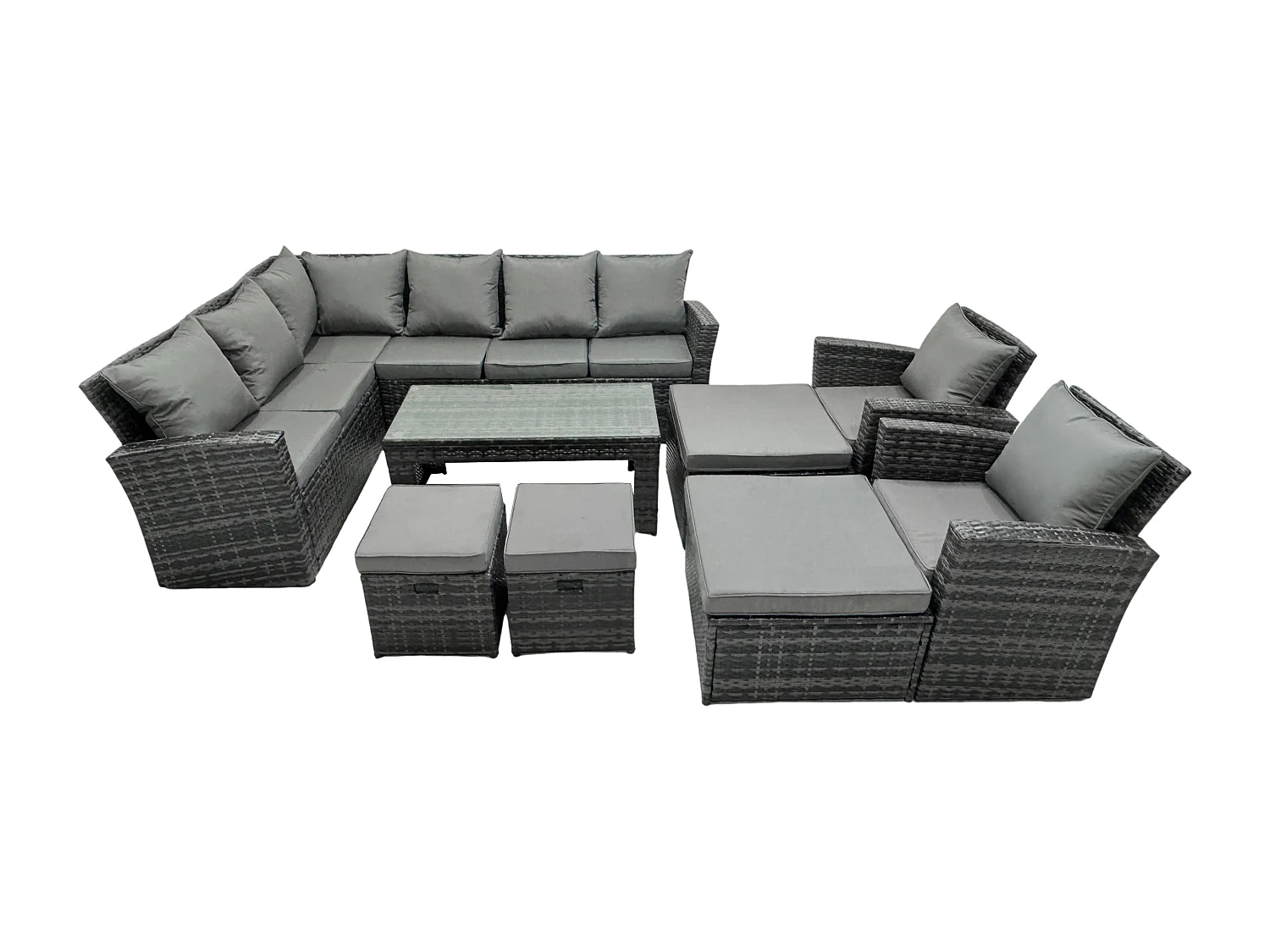 Fimous 12 Seat Rattan Garden Furniture Corner Sofa Set Outdoor Patio Sofa Chair Table Set with 2 Small Footstools 2 Big Footstools Dark Grey Mixed