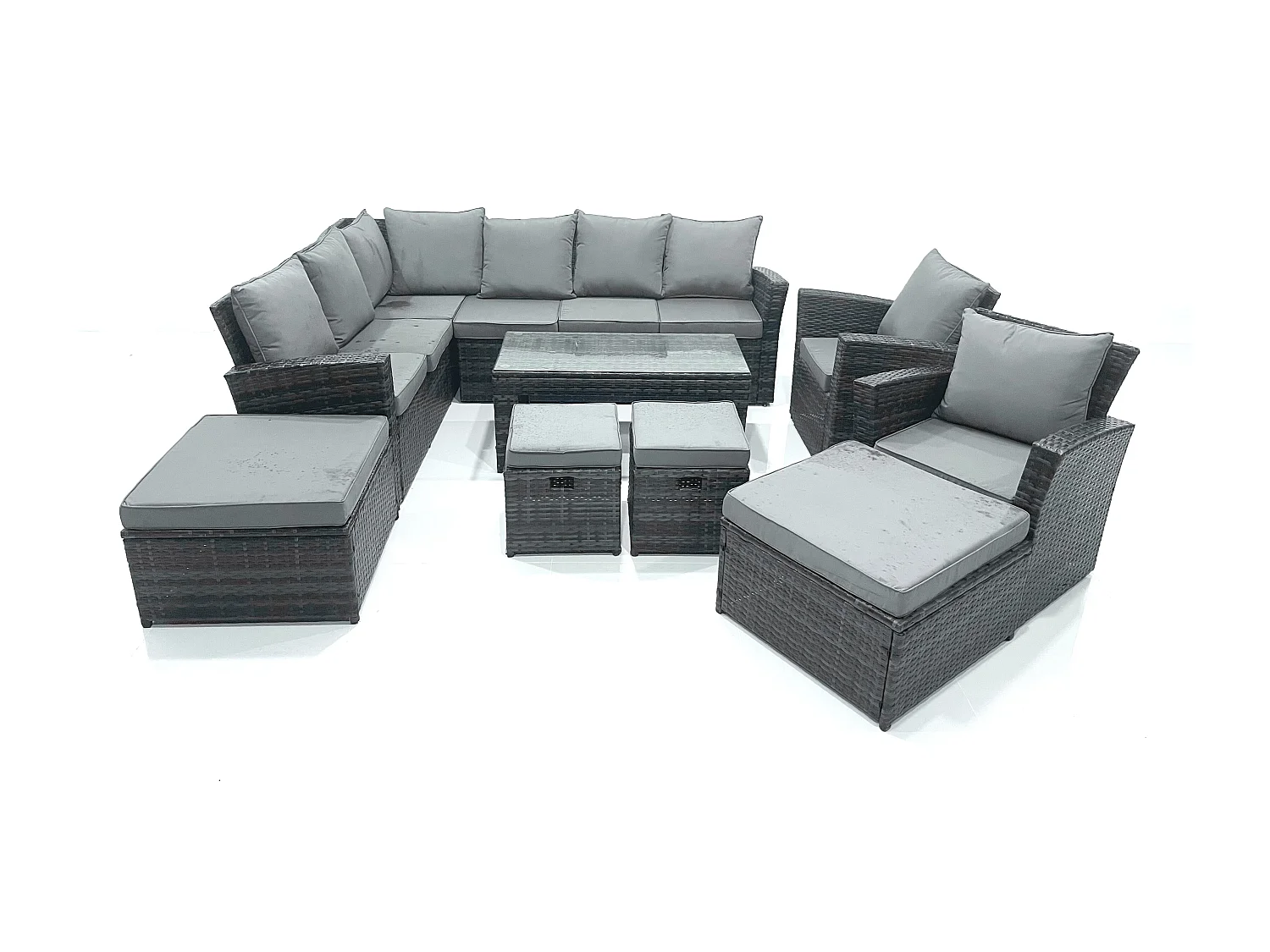 Fimous 12 Seat Rattan Garden Furniture Corner Sofa Set Outdoor Patio Sofa Chair Table Set with 2 Small Footstools 2 Big Footstools Dark Grey Mixed