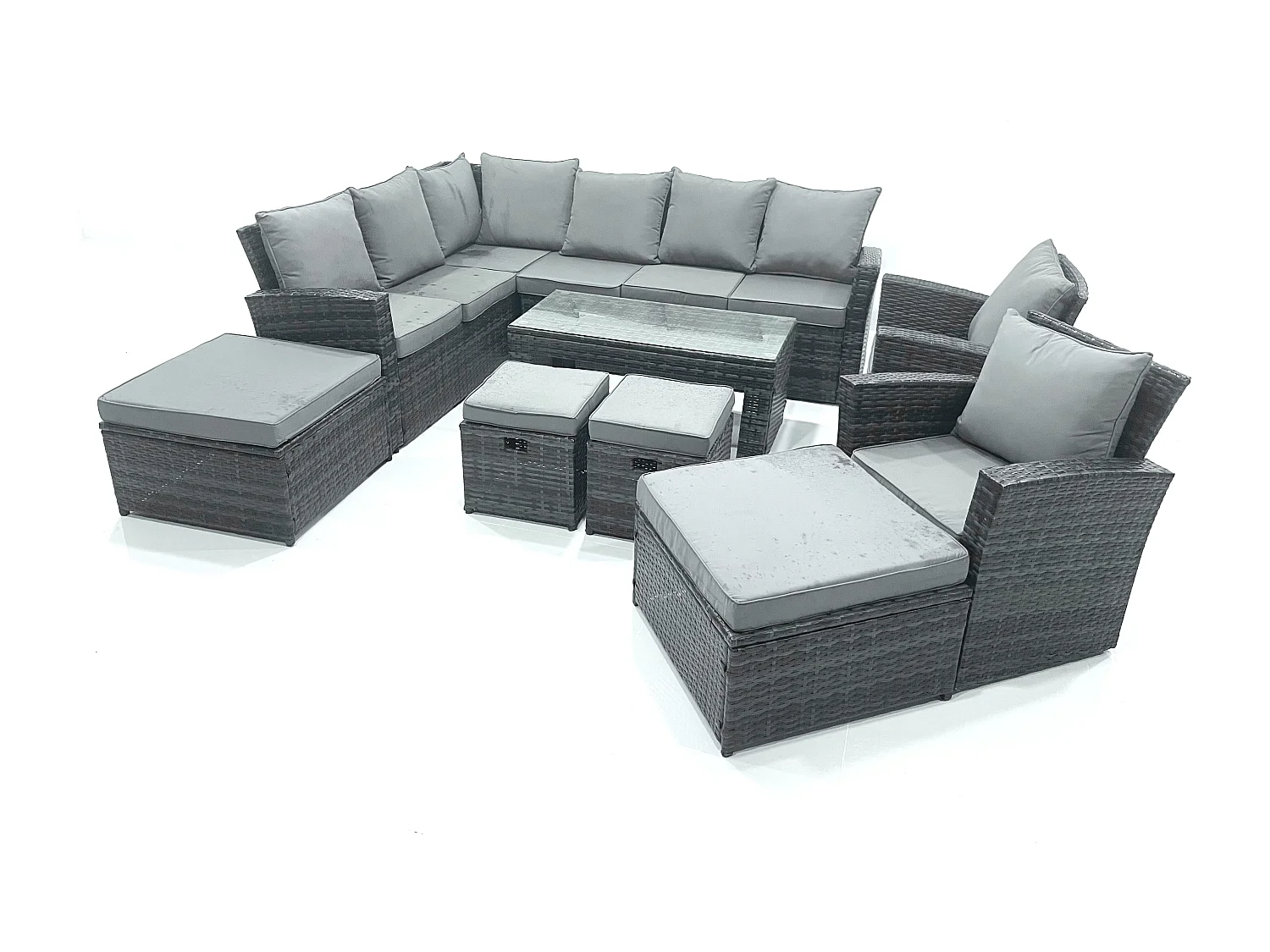 Fimous 12 Seat Rattan Garden Furniture Corner Sofa Set Outdoor Patio Sofa Chair Table Set with 2 Small Footstools 2 Big Footstools Dark Grey Mixed