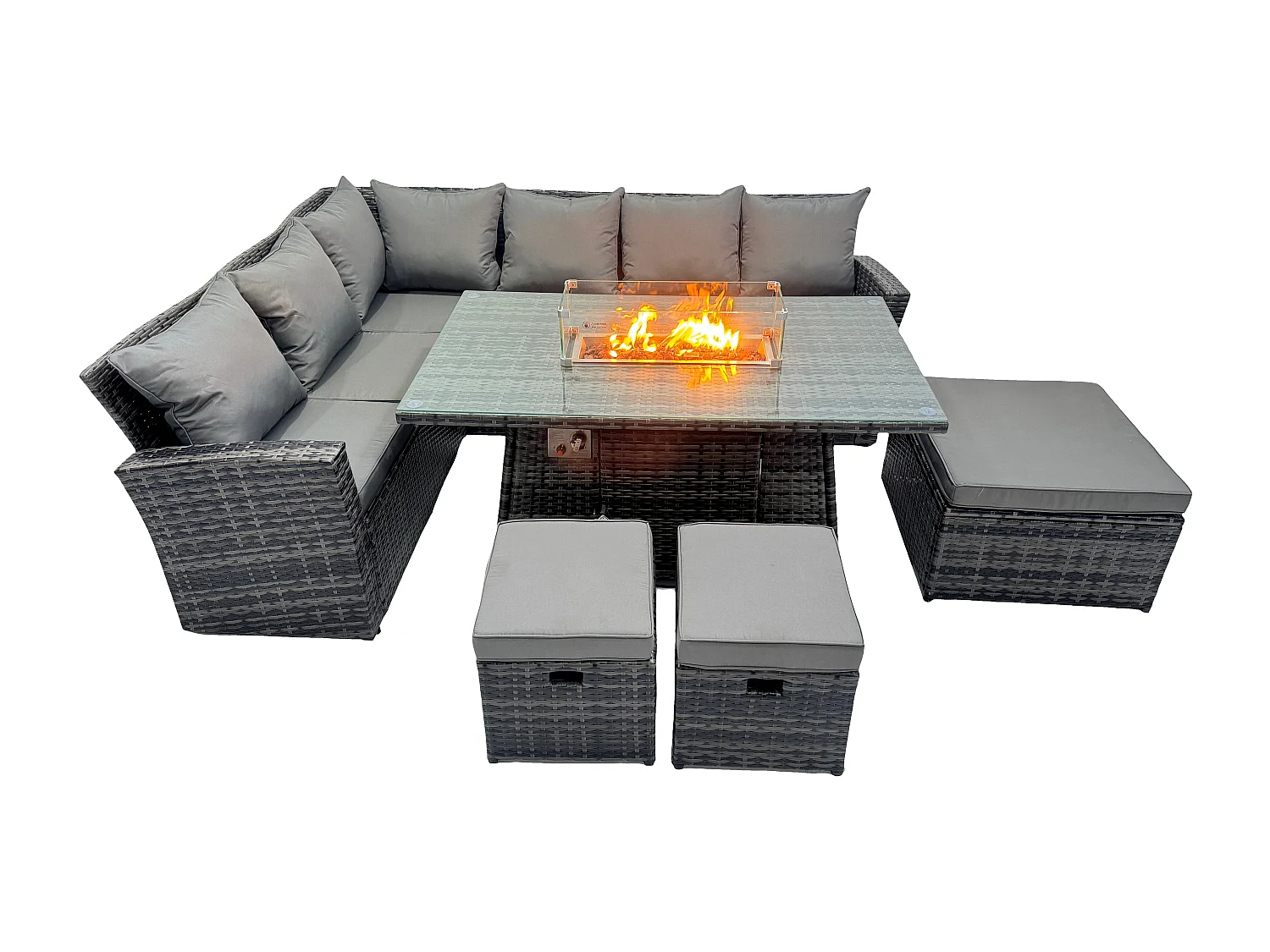 Fimous 9 Seater Outdoor High Back Rattan Gas Fire Pit Corner Sofa Set Garden Furniture Heater Dining Table Set Footstools Dark Grey Mixed Left Hand