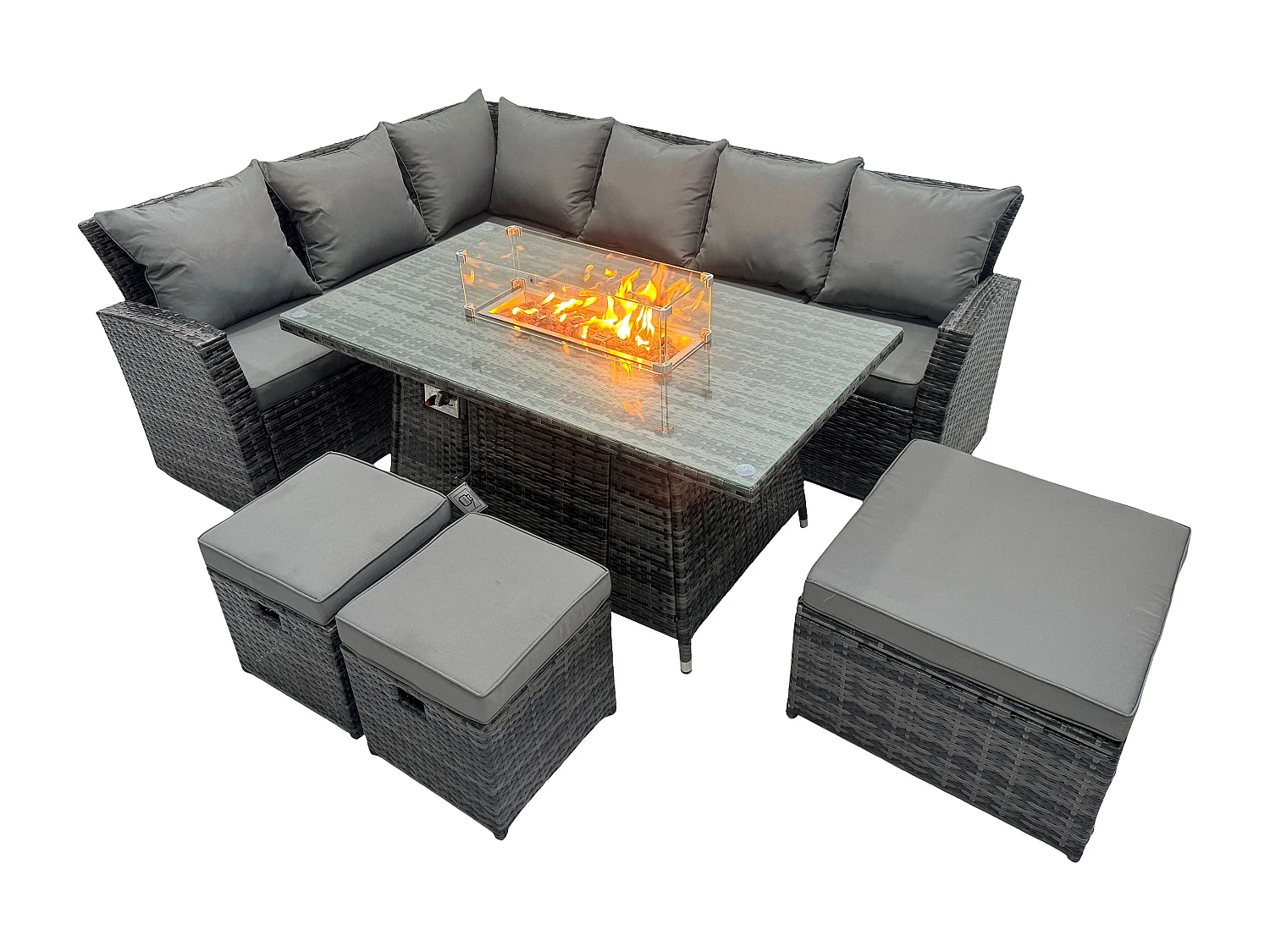 Fimous 9 Seater Outdoor High Back Rattan Gas Fire Pit Corner Sofa Set Garden Furniture Heater Dining Table Set Footstools Dark Grey Mixed Left Hand