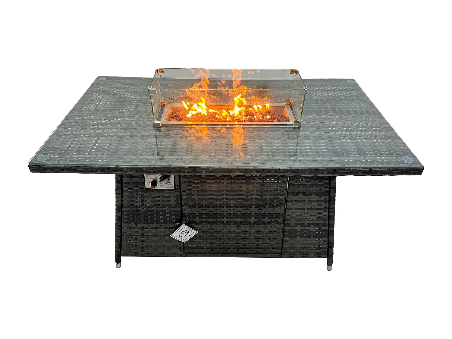 Fimous 9 Seater Outdoor High Back Rattan Gas Fire Pit Corner Sofa Set Garden Furniture Heater Dining Table Set Footstools Dark Grey Mixed Left Hand